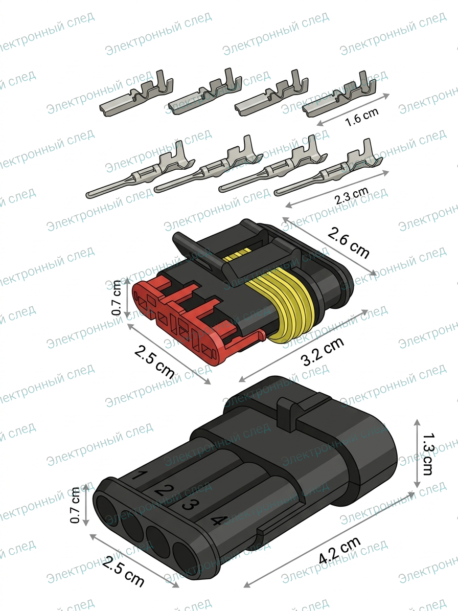 Разъём герметичный 4 pin Superseal (папа+мама) в сборе 10шт.